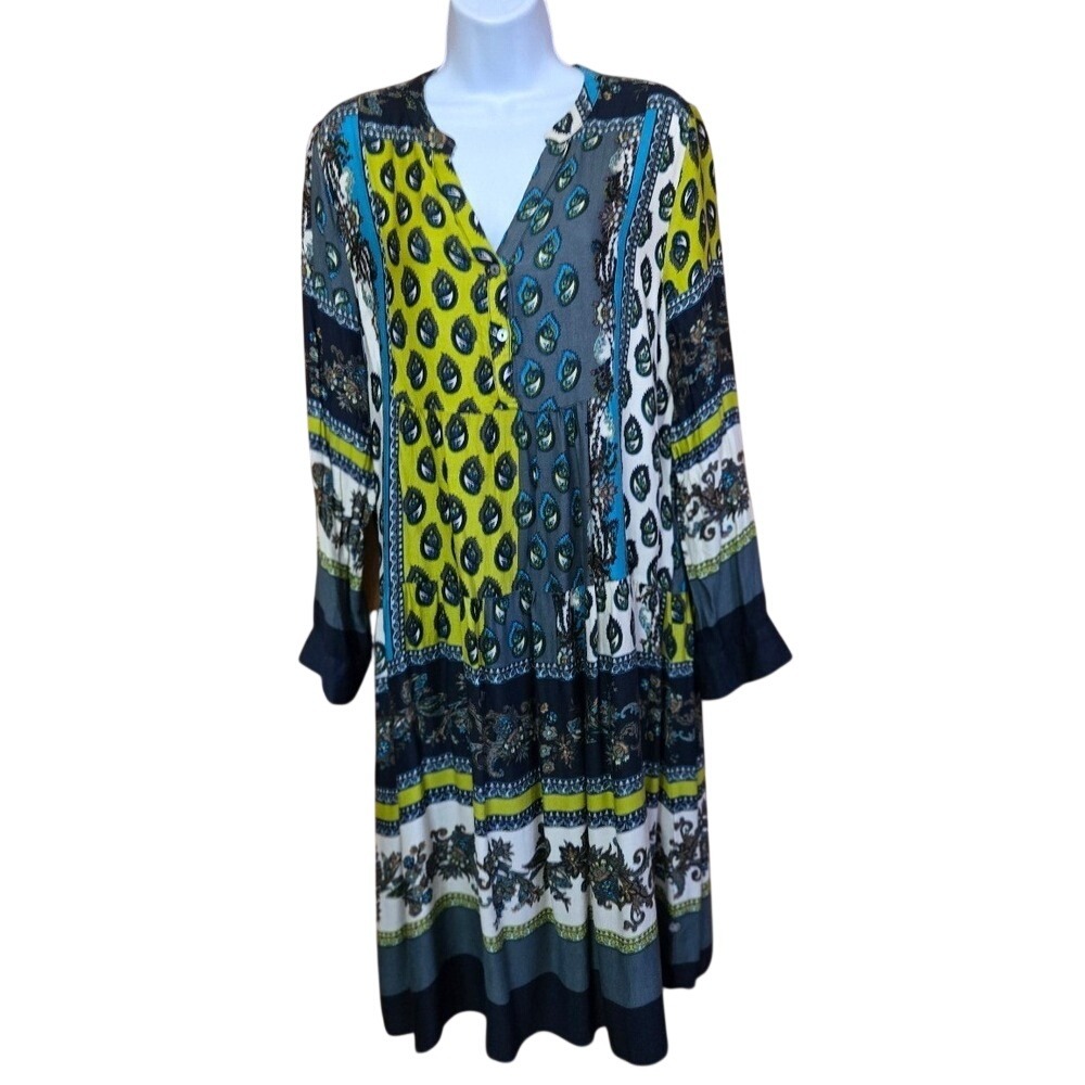 MILANO ITALY Patchwork Paisley Print V Neck Button Front Tunic Dress Size 42 4-6